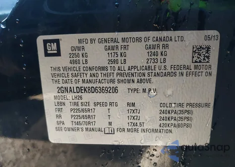 2013 Chevrolet Equinox Lt from USA, damaged, VIN 2GNALDEK8D6369206